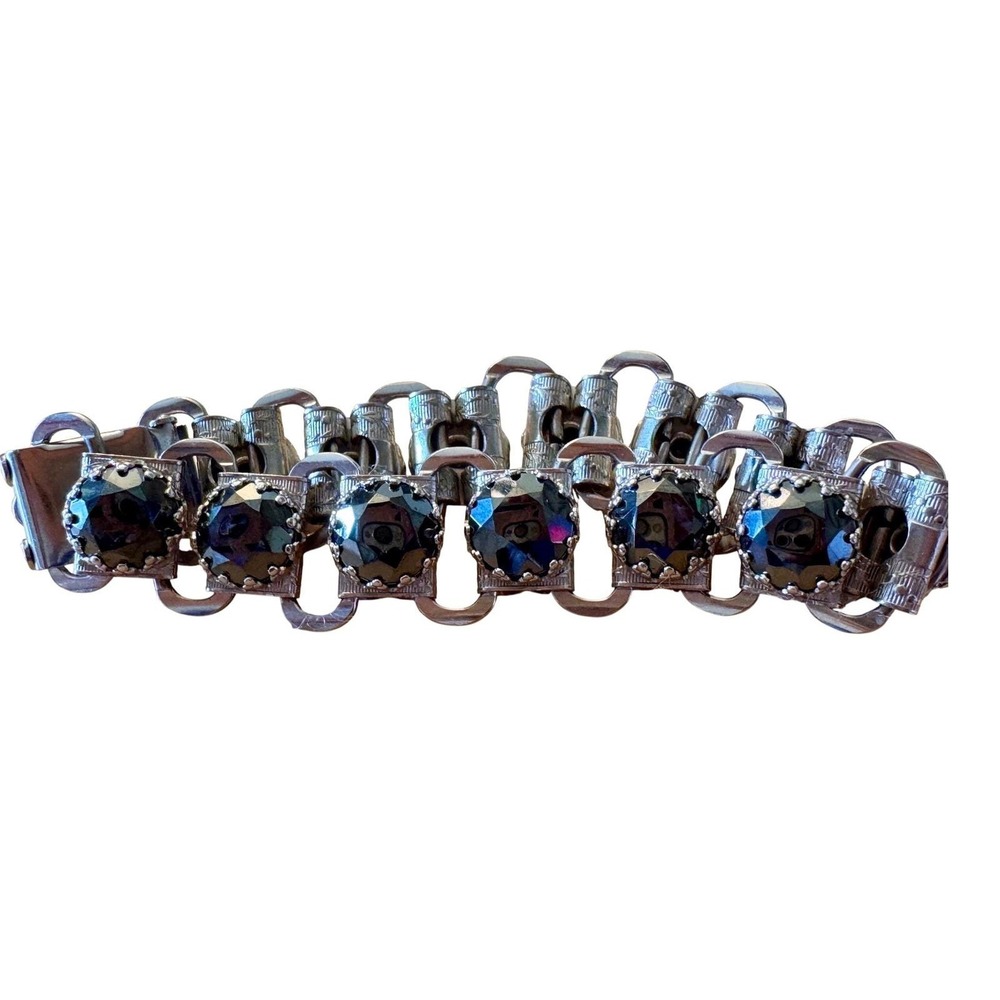 Vintage Silver Tone Black Rhinestone Crown Prong‎ Link Bracelet Fold over Clasp